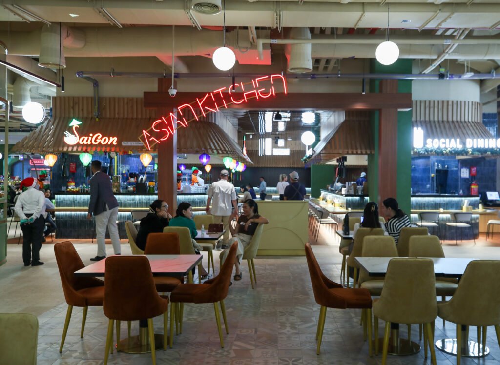 Yas Mall food hall in Abu Dhabi, with Saigon and Asian Kitchen signage