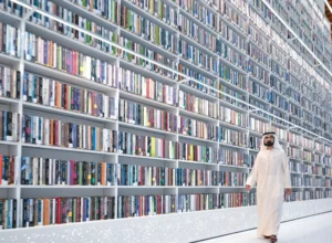 Man in traditional white robes walking beside towering bookshelves in a modern library