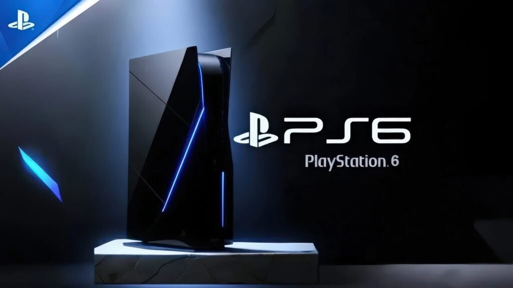 Concept image of a sleek black PlayStation 6 console with blue light accents and PS6 logo on a dark background