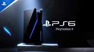 Concept image of a sleek black PlayStation 6 console with blue light accents and PS6 logo on a dark background