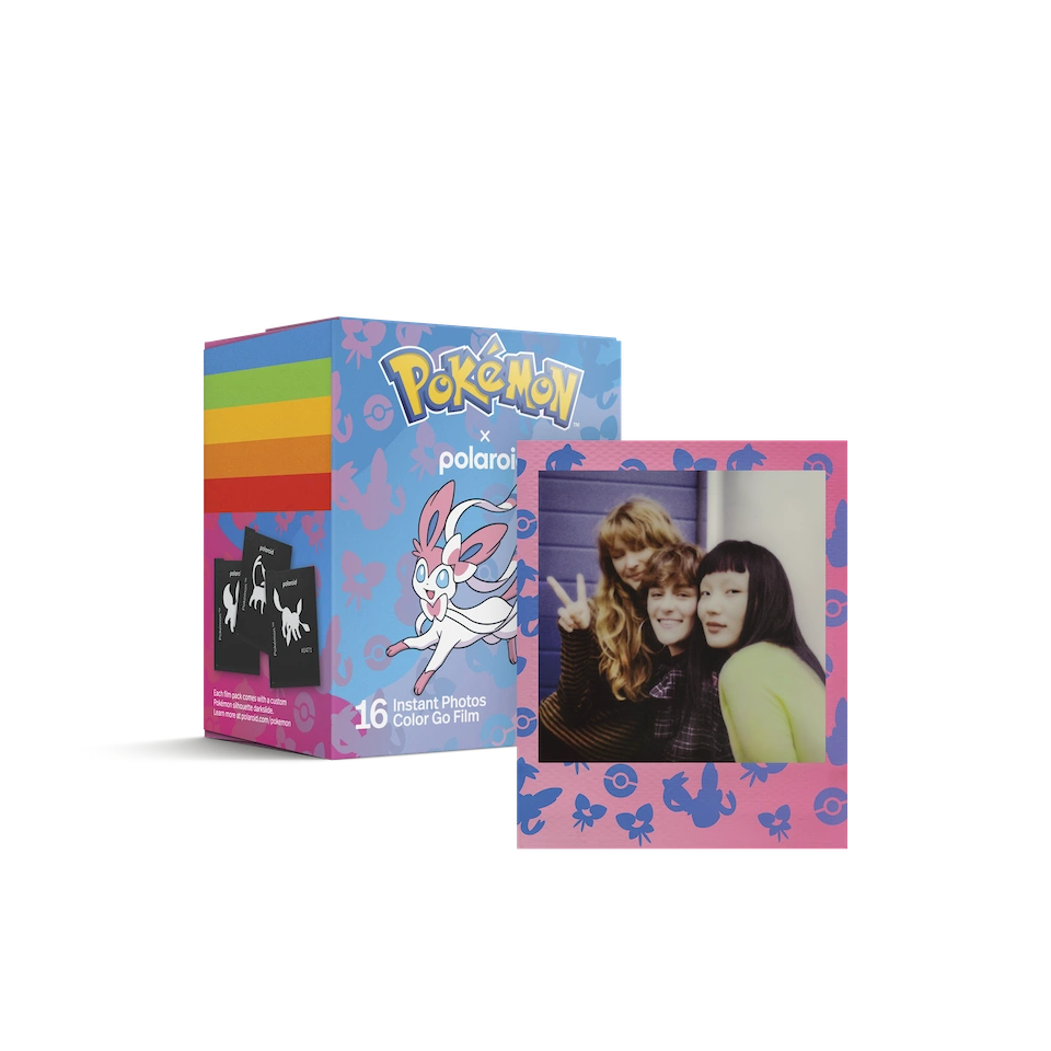 Pokémon x Polaroid instant color film pack with a sample photo print of three people