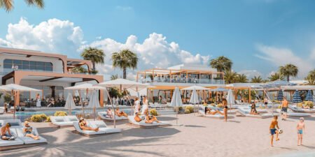 Modern beach resort with pool, lounge chairs, umbrellas, and people relaxing under palm trees