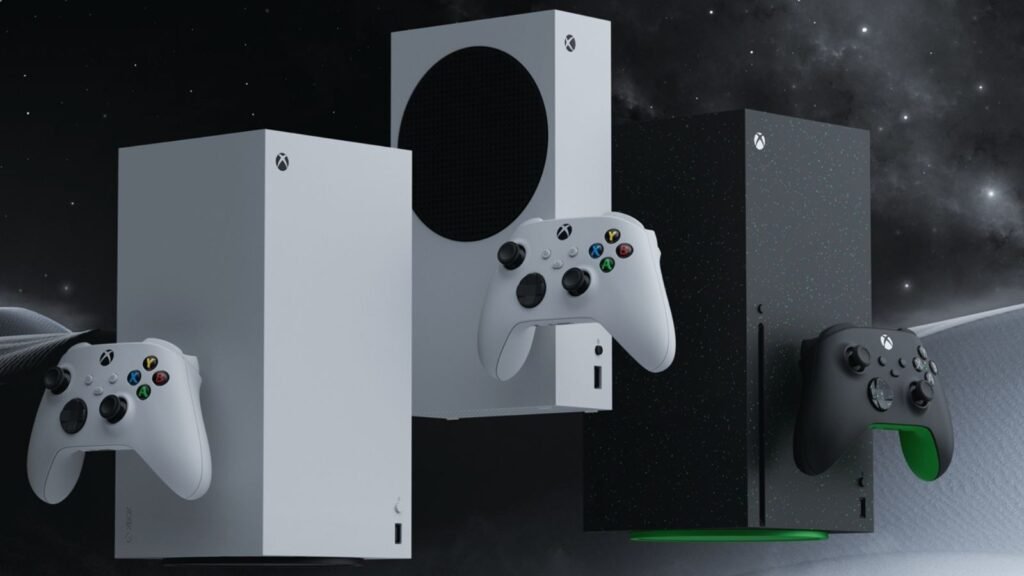 xbox project helix consoles and controllers, including white Xbox Series S and Series X and a black Xbox console, against a space-themed background