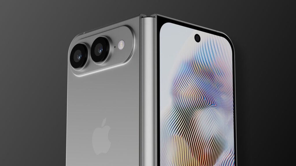 Foldable smartphone with dual rear cameras and a colorful abstract display on a dark background