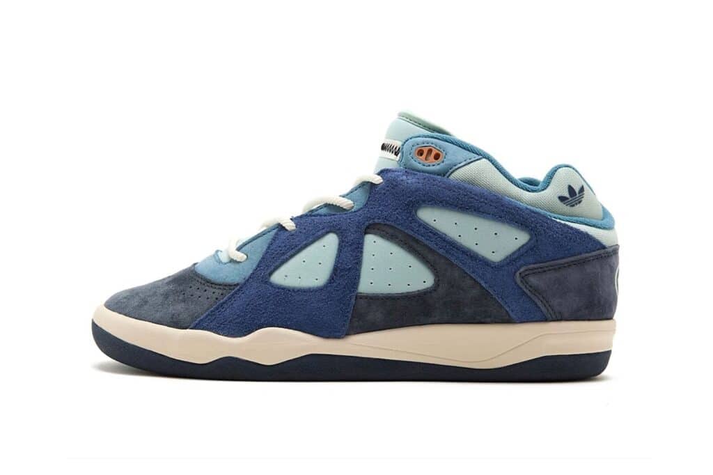 Blue and gray Adidas Bad Bunny Badbo 1.0 Puerto Rican Night high-top sneaker with suede panels, white laces, and a cream midsole