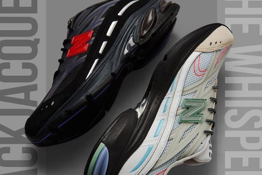 Two New Balance 2811 sneakers, one black with red accents and one white with teal and green details