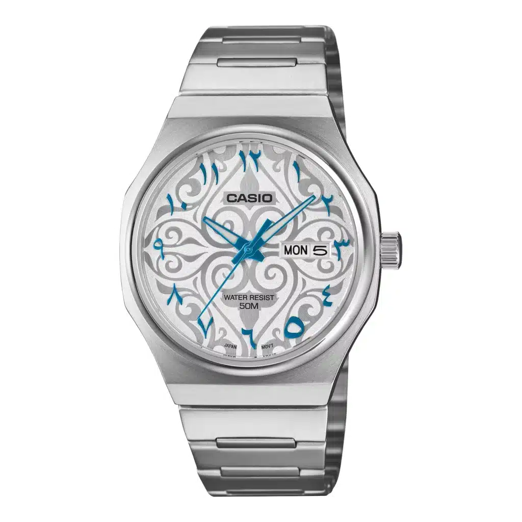 Casio stainless steel analogue watch with Arabic Dial blue hands, ornate silver dial, day-date display, and 50-meter water resistance