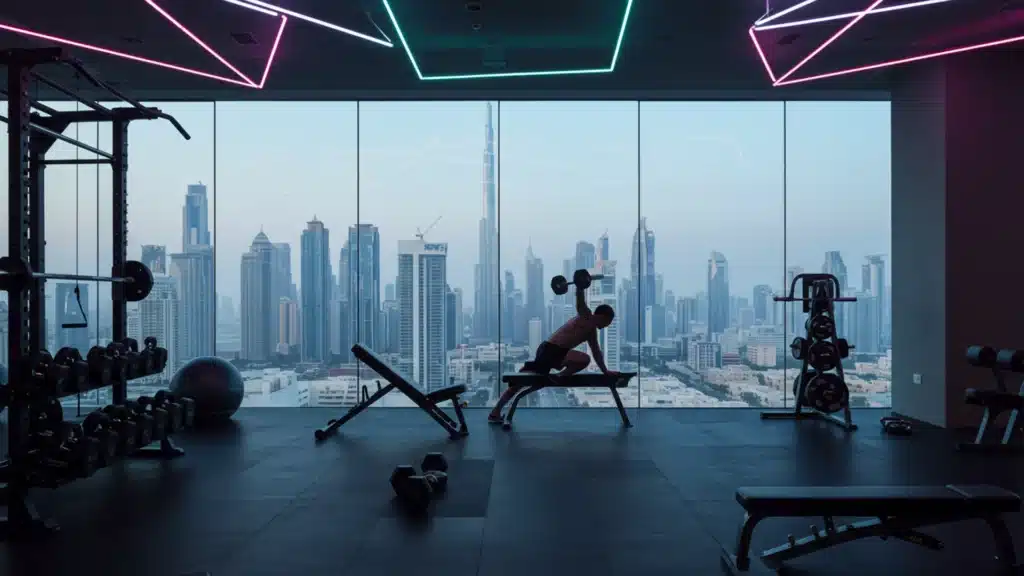Person exercising with a dumbbell in a modern gym overlooking Dubai’s skyline