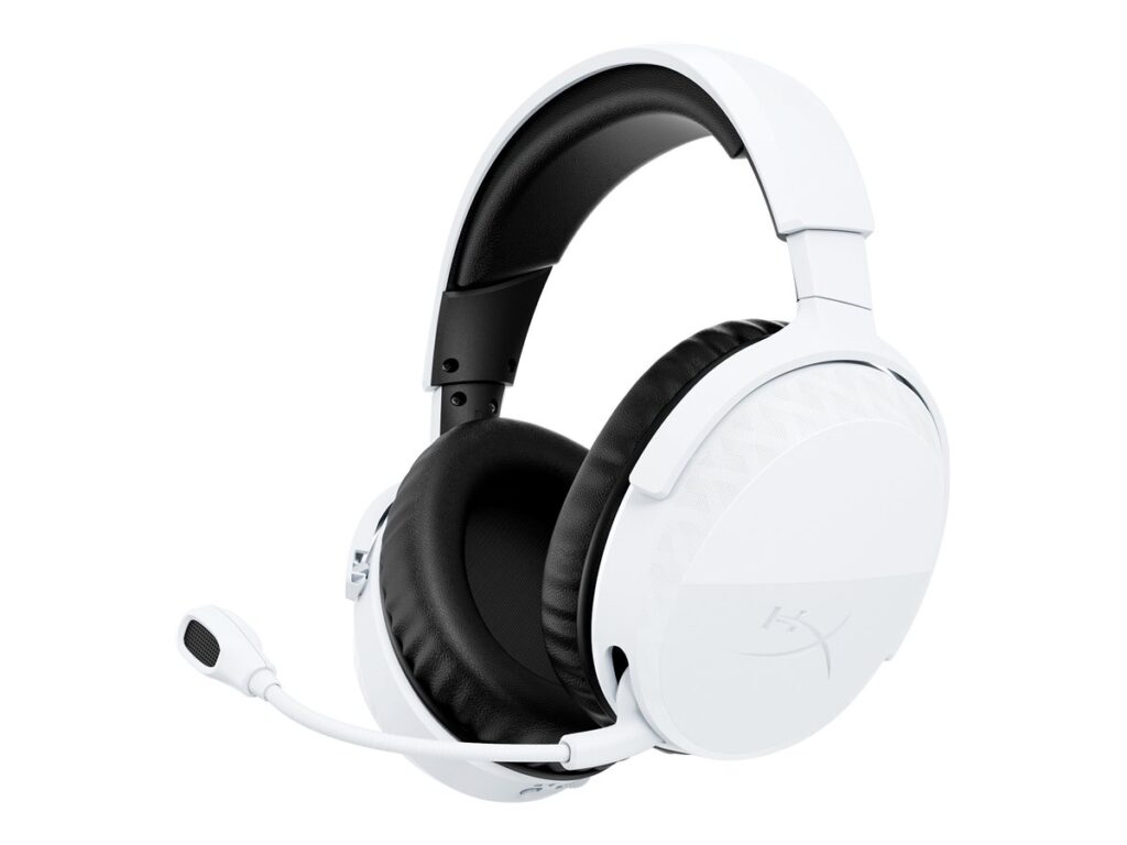 White over-ear gaming headset with black ear cushions and a flexible boom microphone