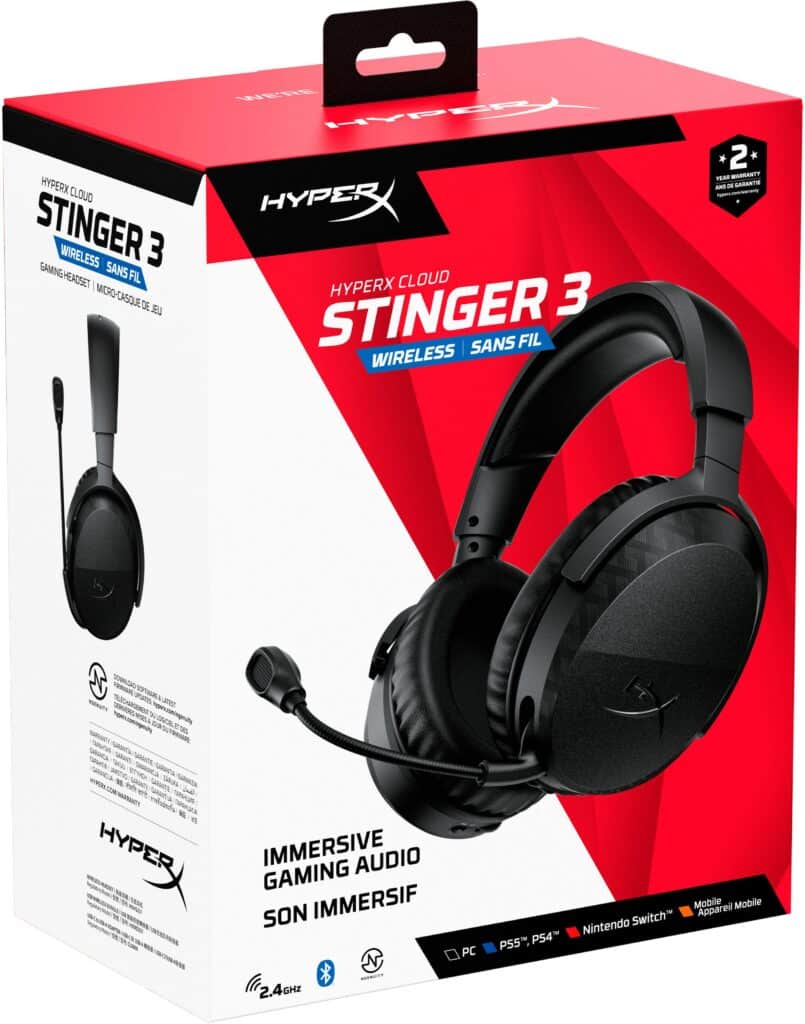 hyperx cloud stinger 3 wireless gaming headset packaging, featuring the black headset with boom microphone