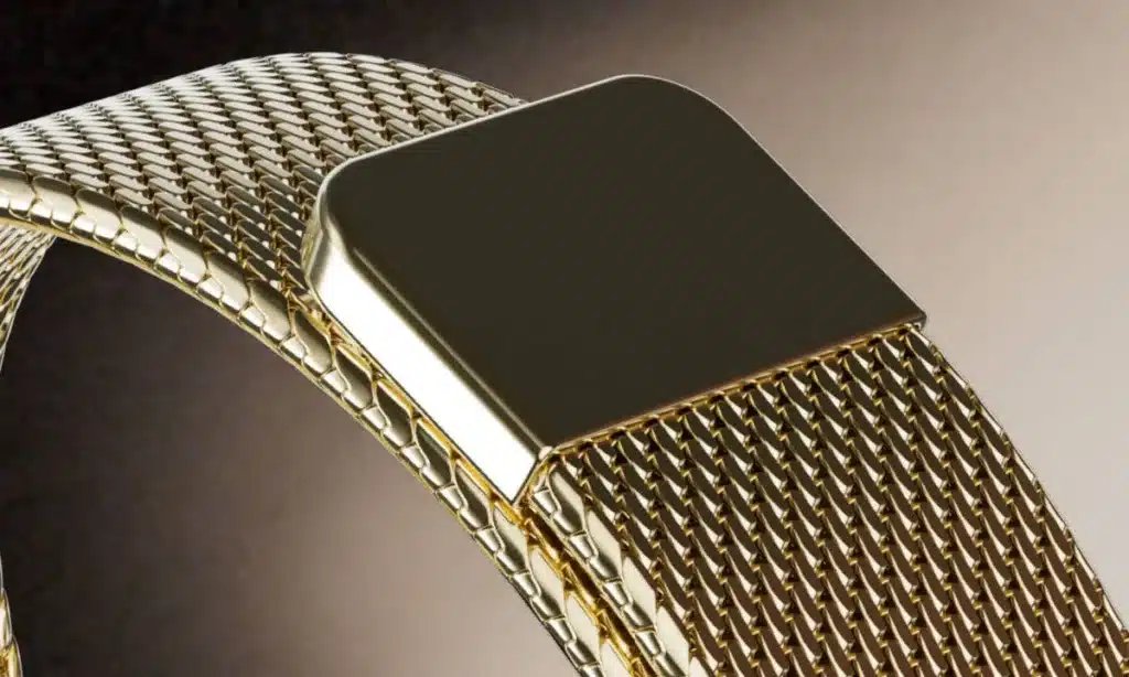 Gold-tone metal mesh wristwatch with a large black rectangular face