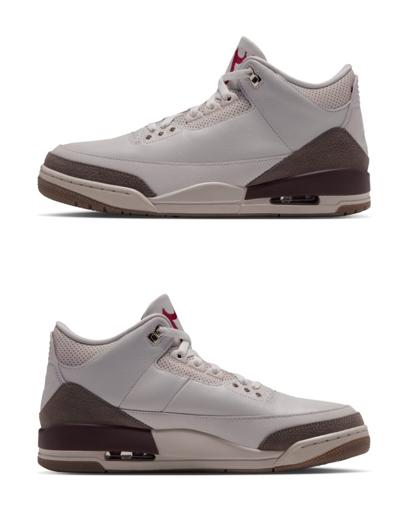 White and dark brown Air Jordan 3 Middle East sneakers shown in side profile from opposite directions