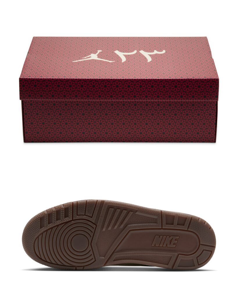 Red-and-black patterned Air Jordan 3 Middle East shoebox above the brown outsole of a Nike sneaker