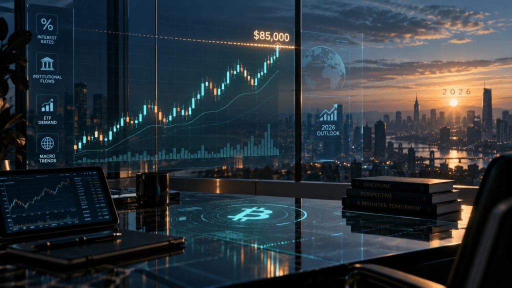 Financial dashboard showing a rising market chart toward $85,000, with 2026 outlook graphics, cryptocurrency symbol, and city skyline at sunset
