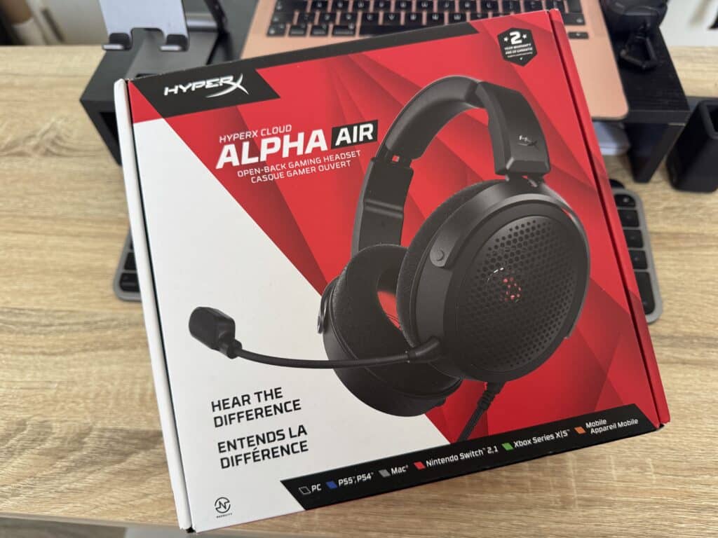HyperX Cloud Alpha Air open-back gaming headset box showing the headset, boom microphone and platform icons.