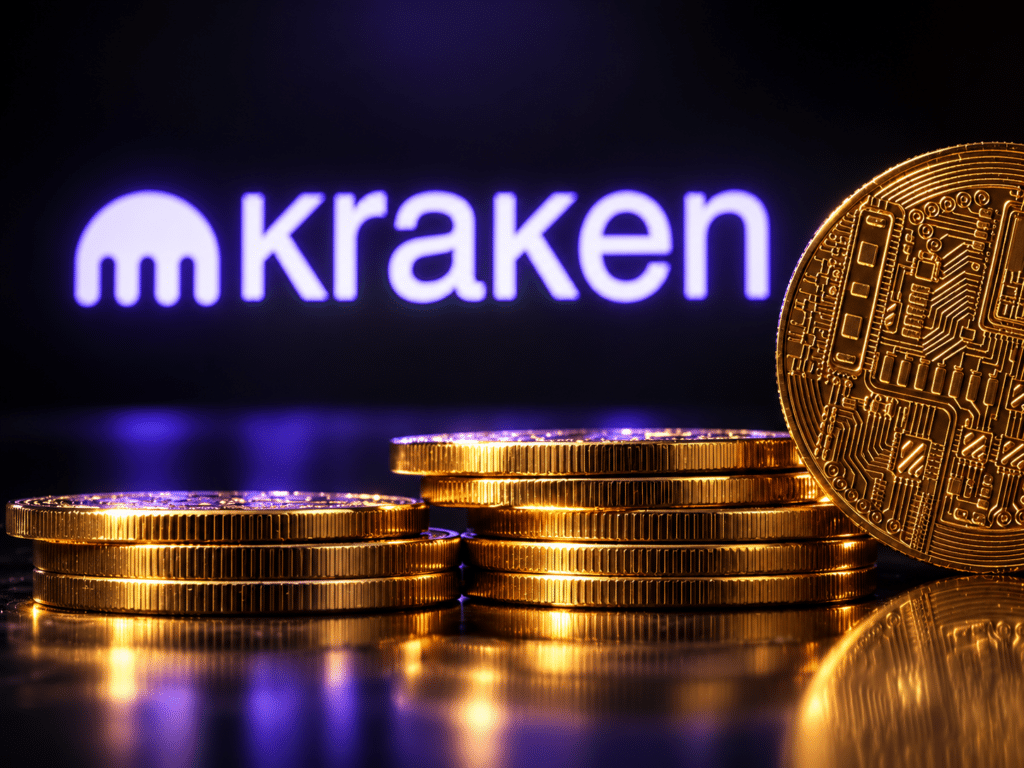Kraken logo behind stacks of gold cryptocurrency coins and a large coin featuring a circuit-board design