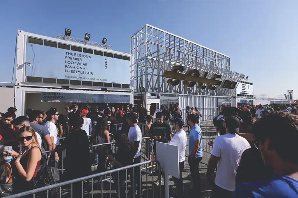 Crowd queues outside the Sole DXB footwear, fashion, and lifestyle fair entrance