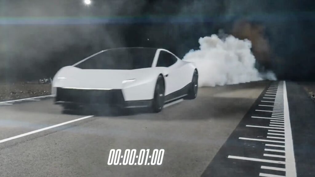 White Tesla Roadster SpaceX sports car performing a burnout, with thick tire smoke billowing behind it on a track